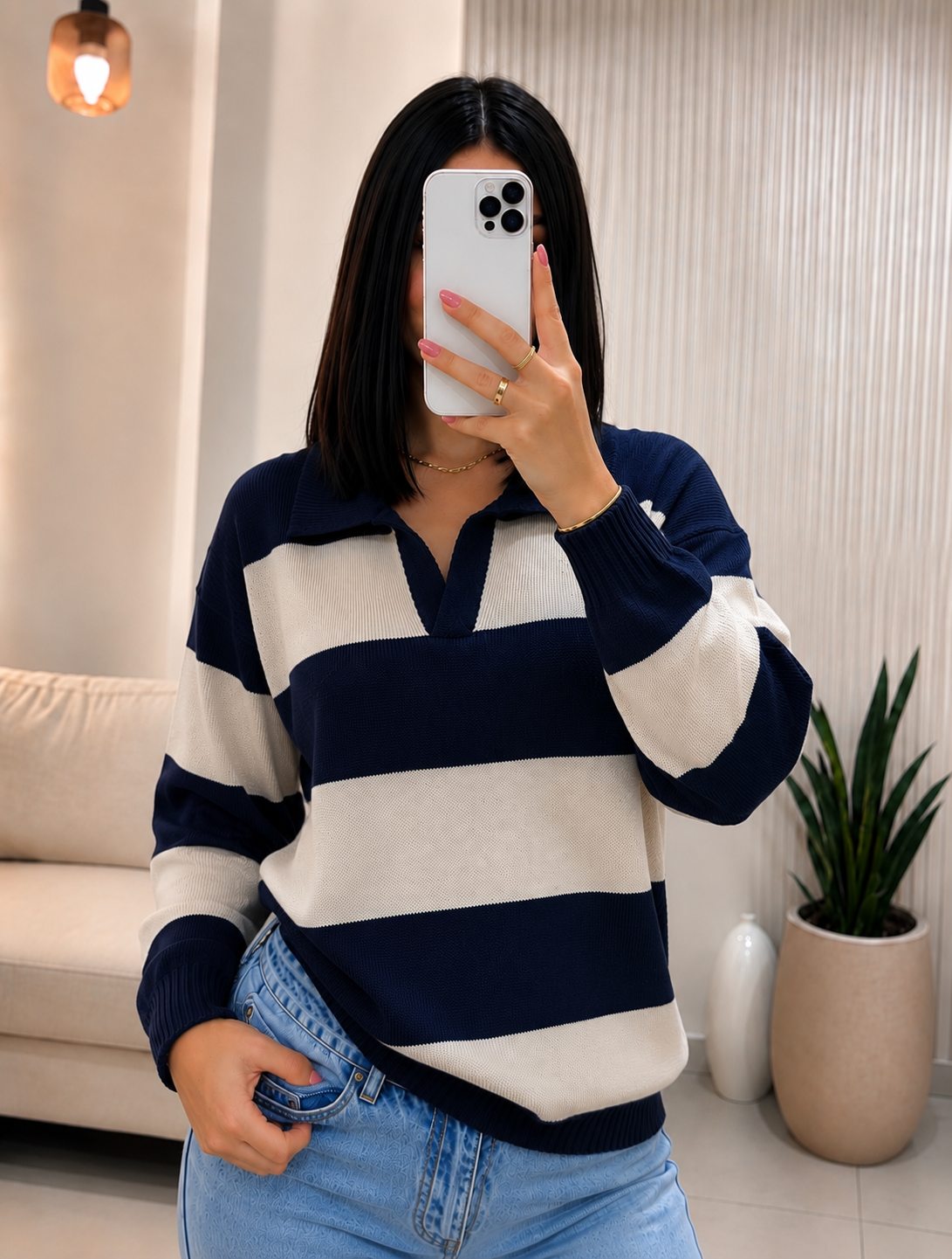 Buzo Tejido de Punto Rayas con Cuello Polo Talla Unica