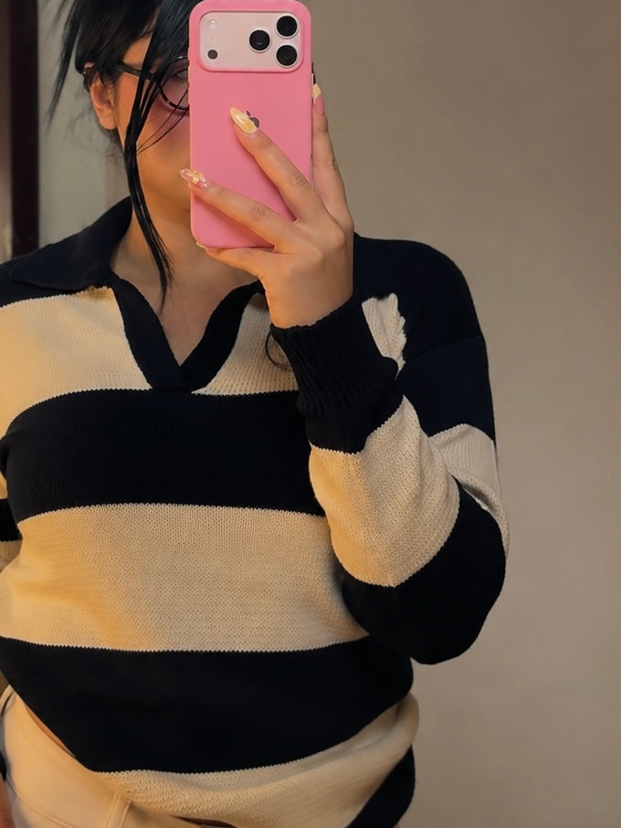 Buzo Tejido de Punto Rayas con Cuello Polo Talla Unica