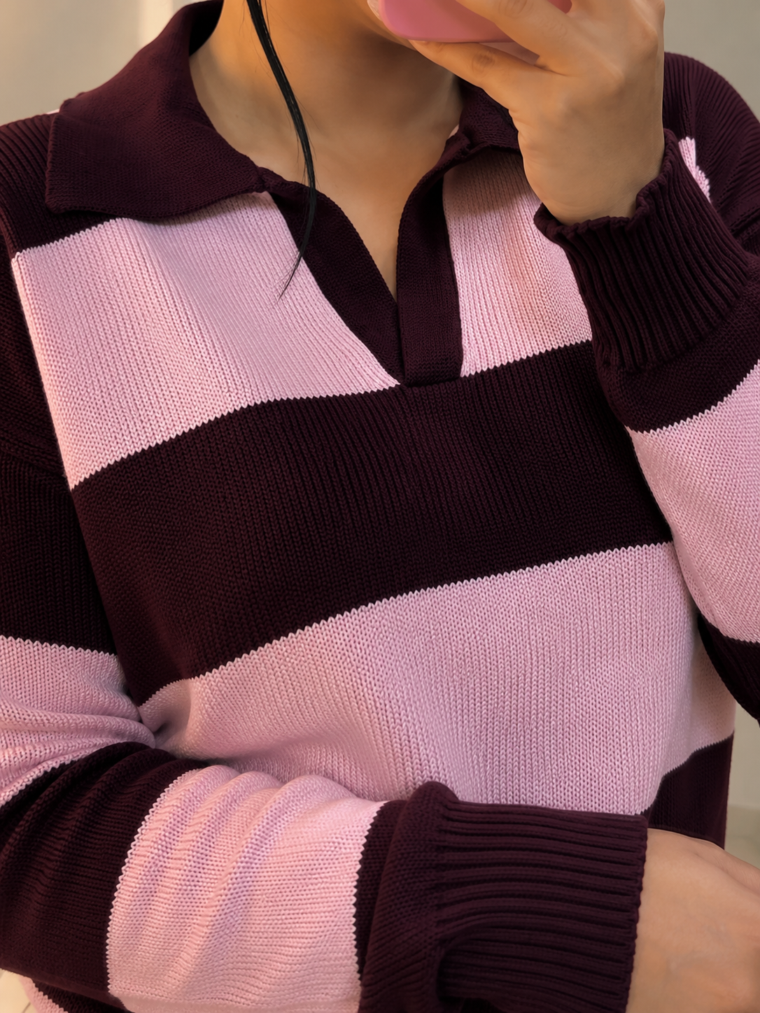 Buzo Tejido de Punto Rayas con Cuello Polo Talla Unica