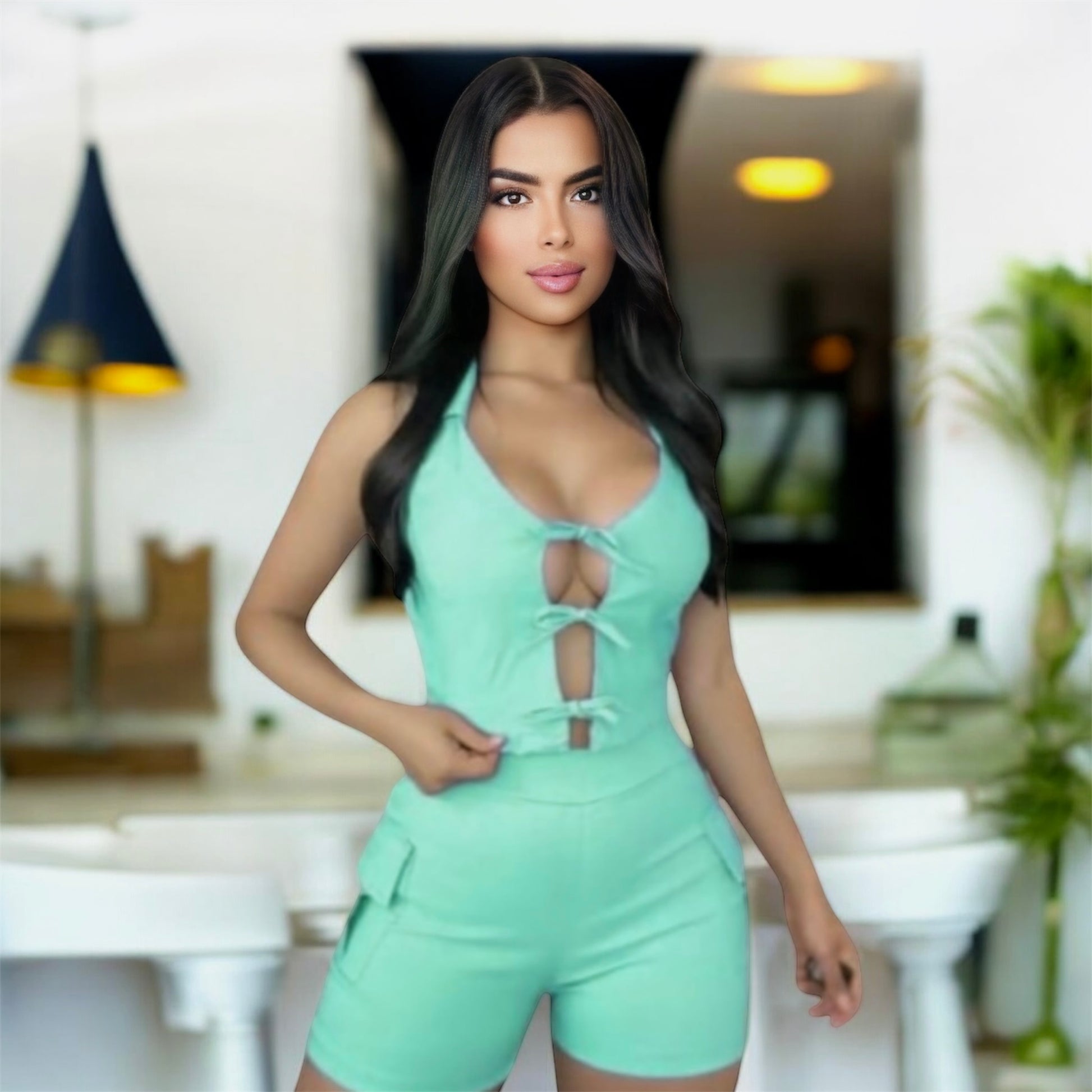 Conjunto de Bengalina: Blusa de amarre y Short Licrado| Estilo y Comodidad