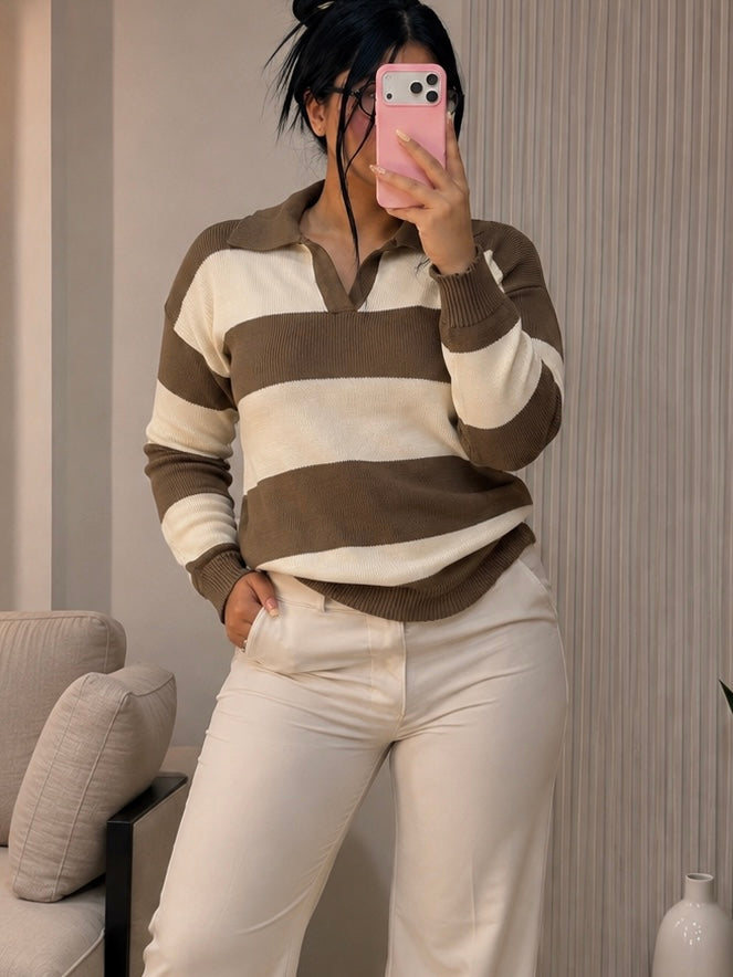 Buzo Tejido de Punto Rayas con Cuello Polo Talla Unica