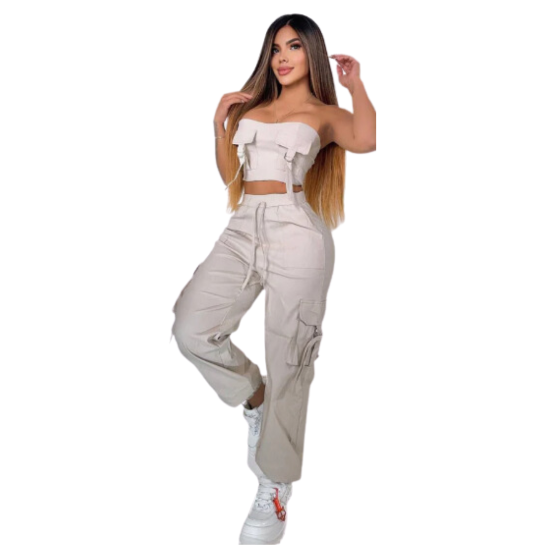 SET DOS PIEZAS JOGGER CON CORDON Y BLUSA CON TIRANTES EN BENGALINA