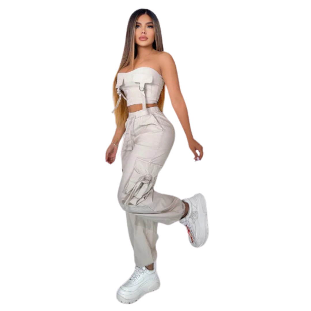 SET DOS PIEZAS JOGGER CON CORDON Y BLUSA CON TIRANTES EN BENGALINA