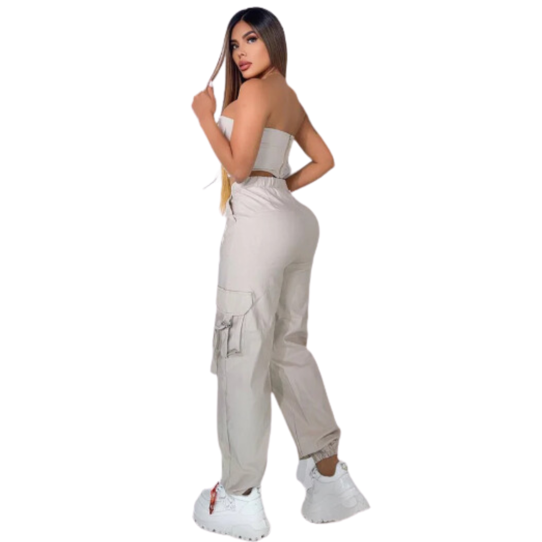 SET DOS PIEZAS JOGGER CON CORDON Y BLUSA CON TIRANTES EN BENGALINA