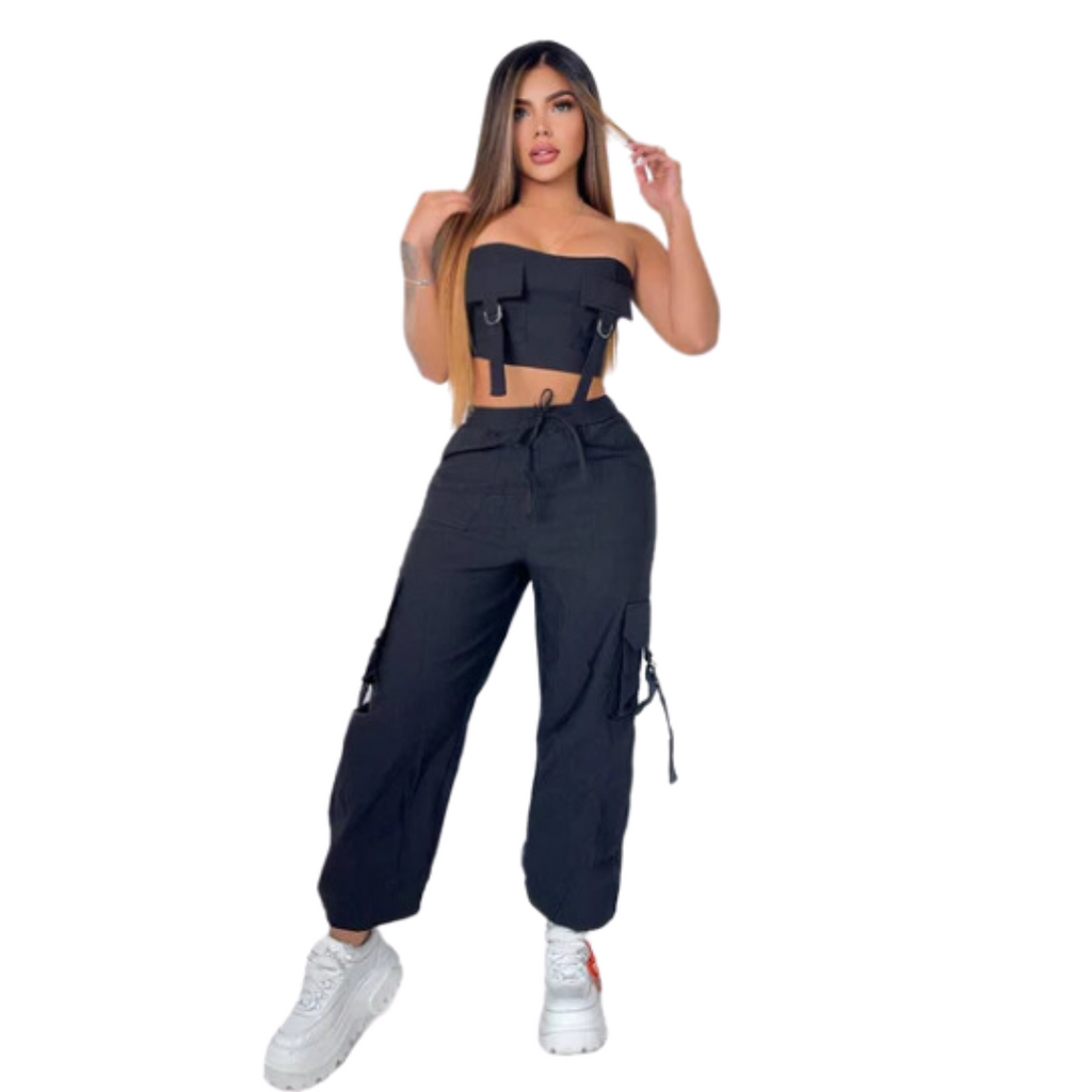 SET DOS PIEZAS JOGGER CON CORDON Y BLUSA CON TIRANTES EN BENGALINA