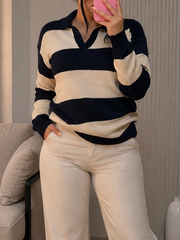 Buzo Tejido de Punto Rayas con Cuello Polo Talla Unica