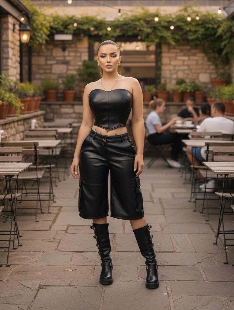 Conjunto "Black Rebel": Corset de Corazón y Bermudas Cargo en Efecto Cuero