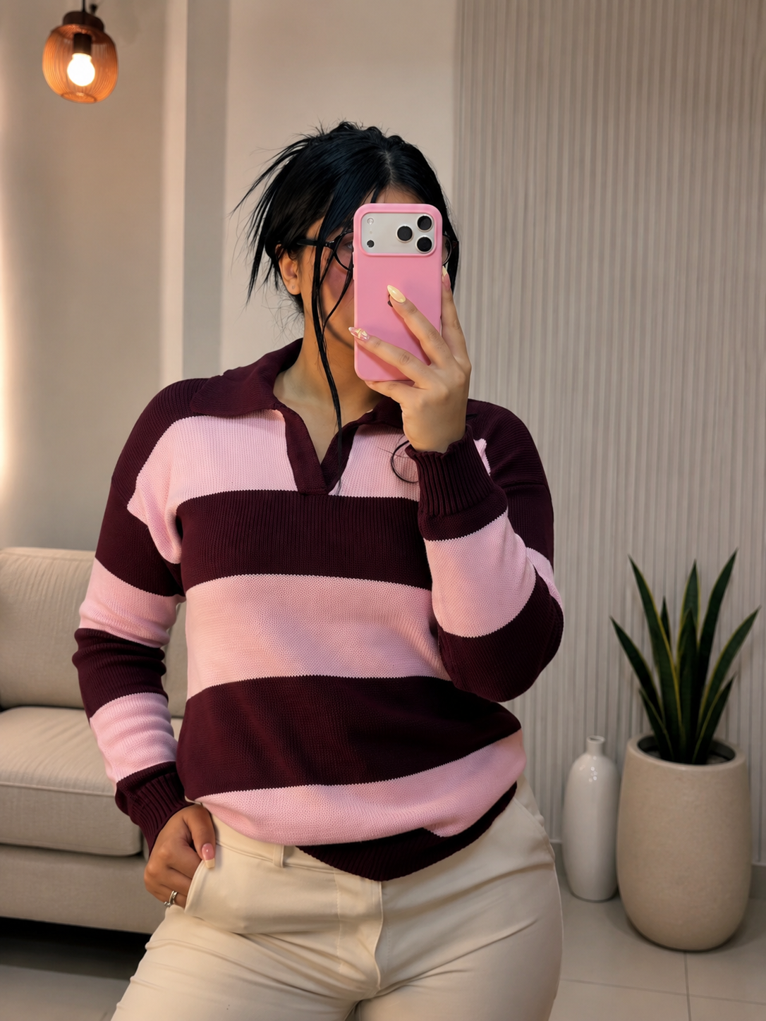 Buzo Tejido de Punto Rayas con Cuello Polo Talla Unica
