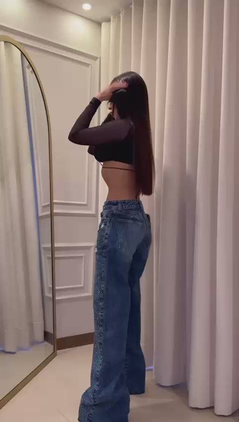 Jean wide leg azul con pedrería