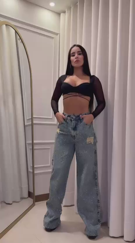 Jean wide leg azul con pedrería