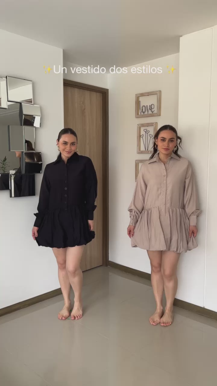 Vestido en Popelina con Falda Globo y Correa – Estilo Sofisticado y Femenino